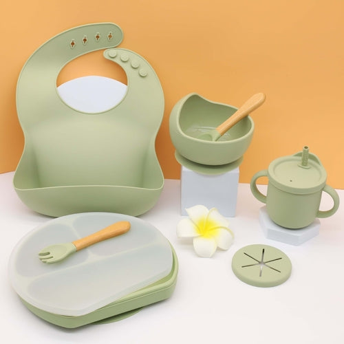 Kids Bib Bowl Dinner Plate Mat Spoon Fork Set