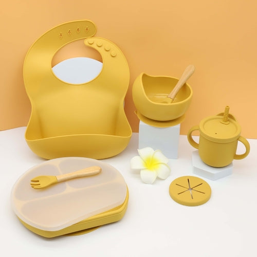 Kids Bib Bowl Dinner Plate Mat Spoon Fork Set