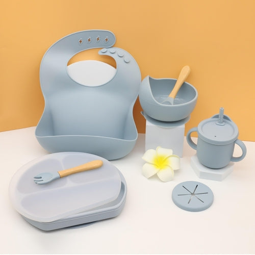 Kids Bib Bowl Dinner Plate Mat Spoon Fork Set