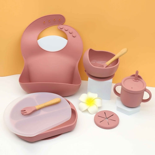 Kids Bib Bowl Dinner Plate Mat Spoon Fork Set