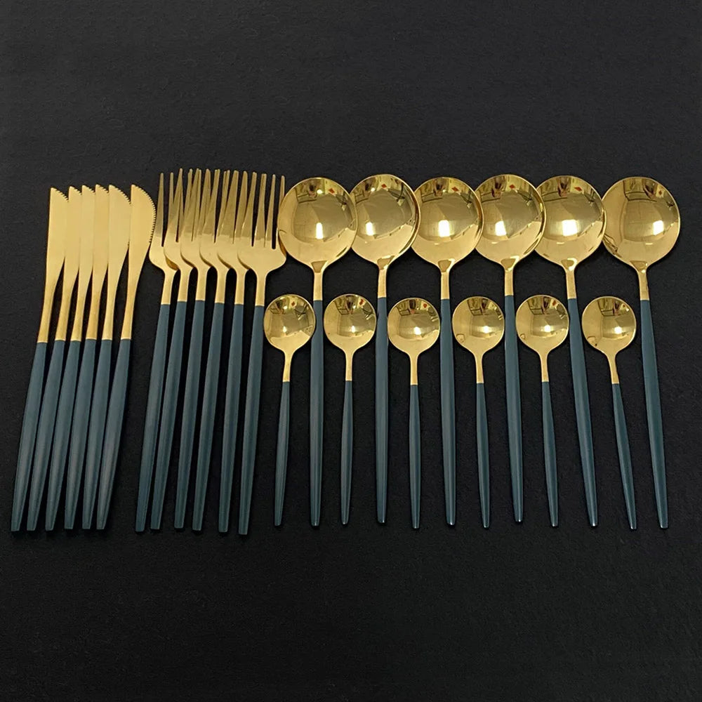 24Pcs/Set Blue Gold Cutlery Set 304 Stainless Steel Dinnerware Silverware Flatware Set Dinner Knife Fork Tea Spoon Dropshipping