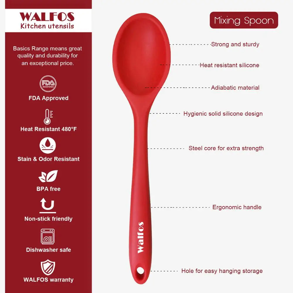 WALFOS Large Food Grade Silicone Long-handled Soup Spoon Solid Color Kitchen Silicone Spoon Flatware Utensils Accessories