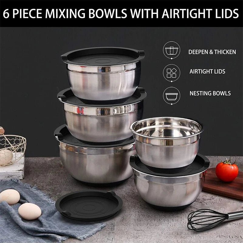 LMETJMA Mixing Bowls with Lids and Non Slip Bases Stainless Steel Mixing Bowls Set for Baking Nesting Storage Bowls JT227