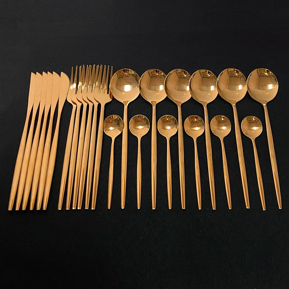 24Pcs/Set Blue Gold Cutlery Set 304 Stainless Steel Dinnerware Silverware Flatware Set Dinner Knife Fork Tea Spoon Dropshipping