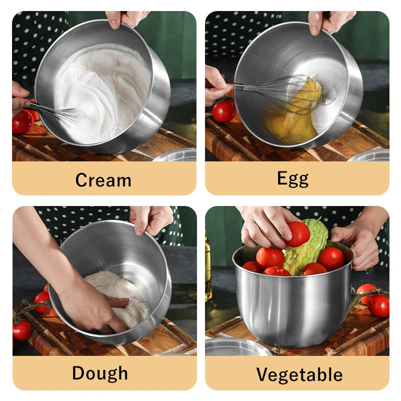 Stainless Steel Egg Beater Basin Fruit Salad Stirring Seasoning Bowls With Lid Kitchen Cooking Tableware Food Storage Container