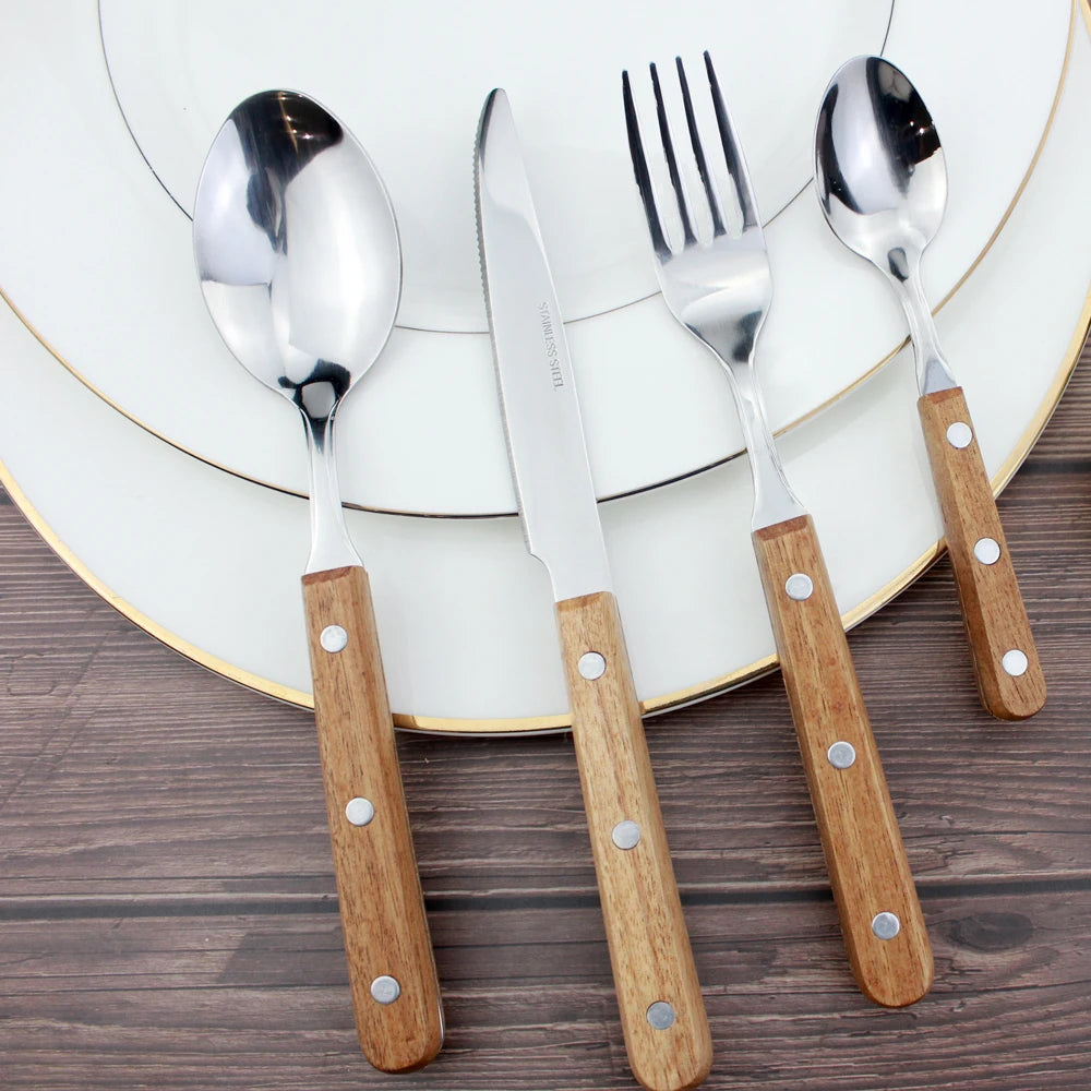 Popular Eco-Friendly Real Wood Handle Stainless Steel Cutlery Elegant Dinnerware Tableware Excellent Performance For Home