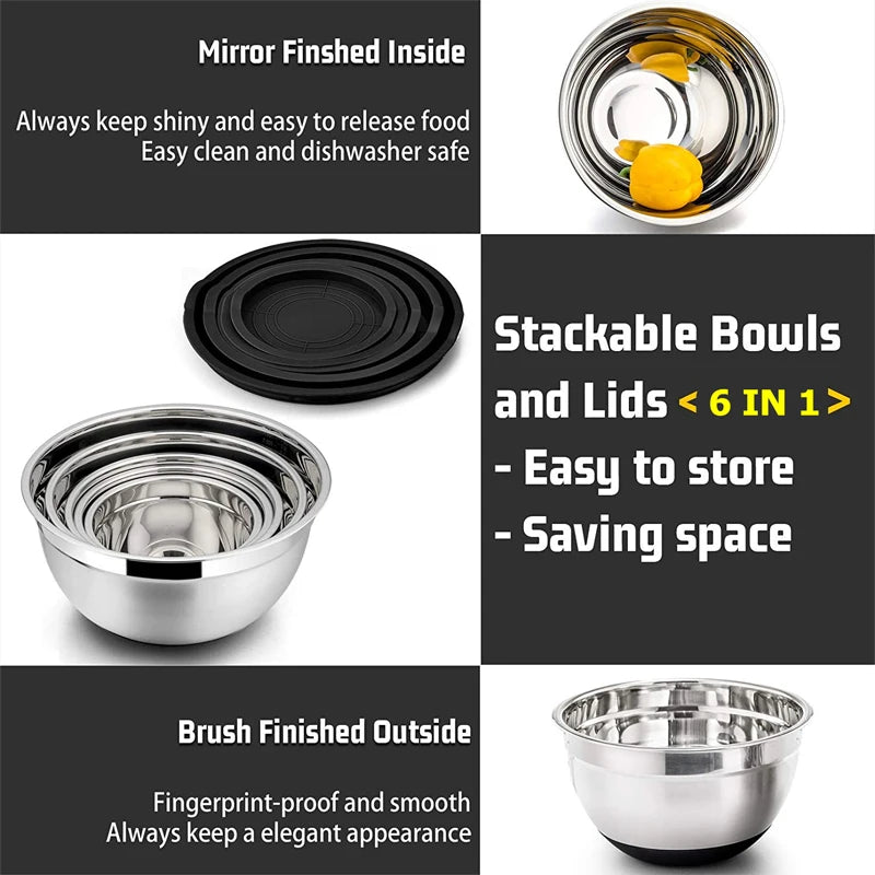 LMETJMA Mixing Bowls with Lids and Non Slip Bases Stainless Steel Mixing Bowls Set for Baking Nesting Storage Bowls JT227