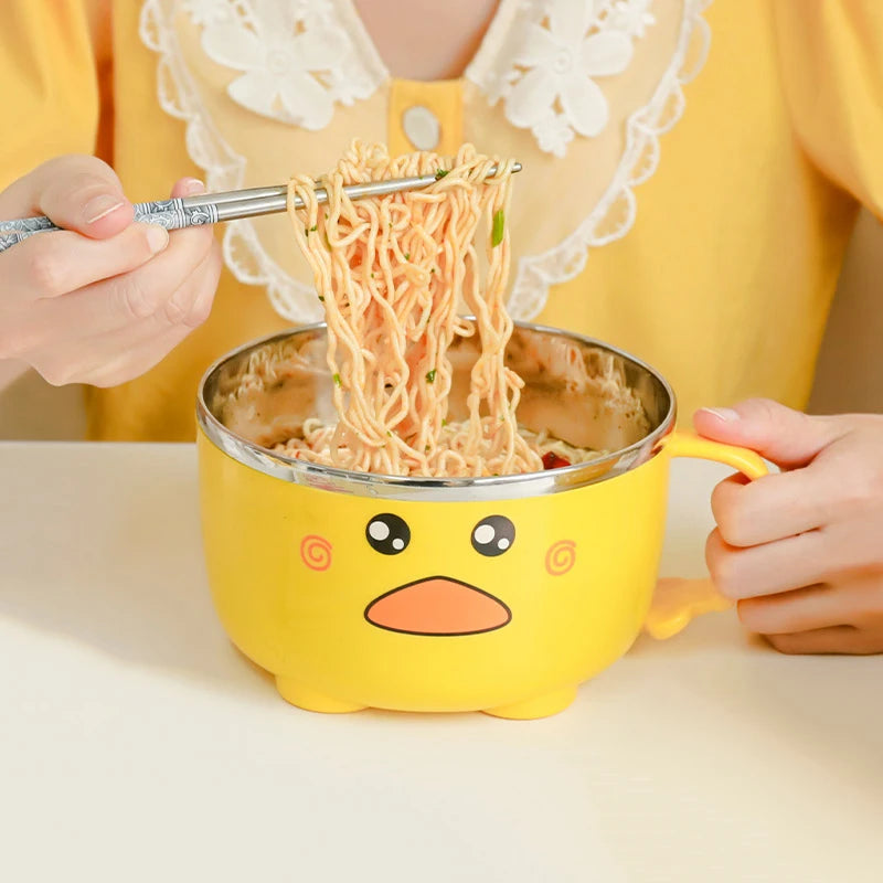 Kawaii Duck Ramen Noodles Bowl With Lid Cute Stainless Steel Kitchen Fruit Instant Salad Rice Soup Double-layer Bowl Tableware