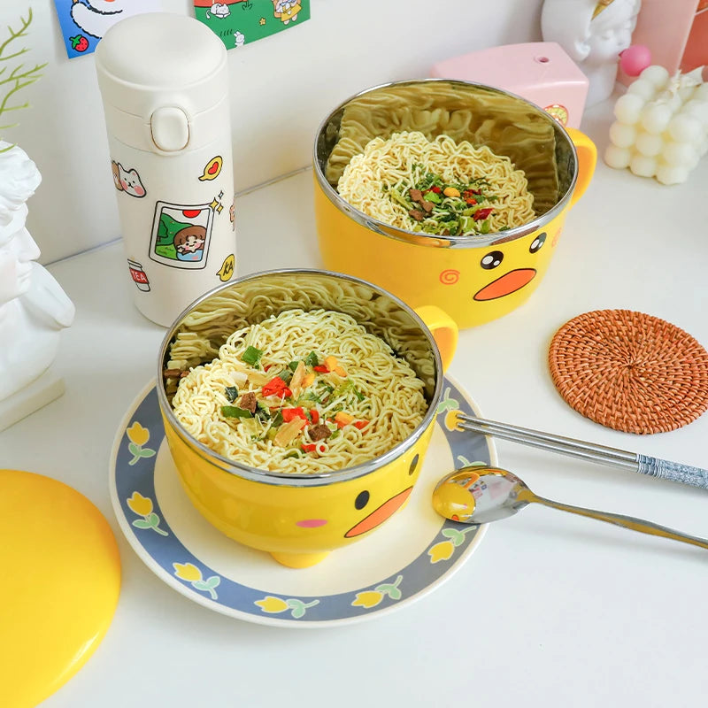 Kawaii Duck Ramen Noodles Bowl With Lid Cute Stainless Steel Kitchen Fruit Instant Salad Rice Soup Double-layer Bowl Tableware