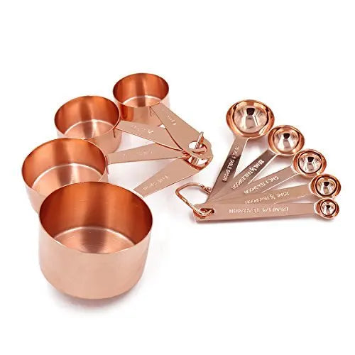 Set of 9 Copper Measuring Cups and Spoons, EXTRA STURDY Copper-Plated Top-Quality Stainless Steel