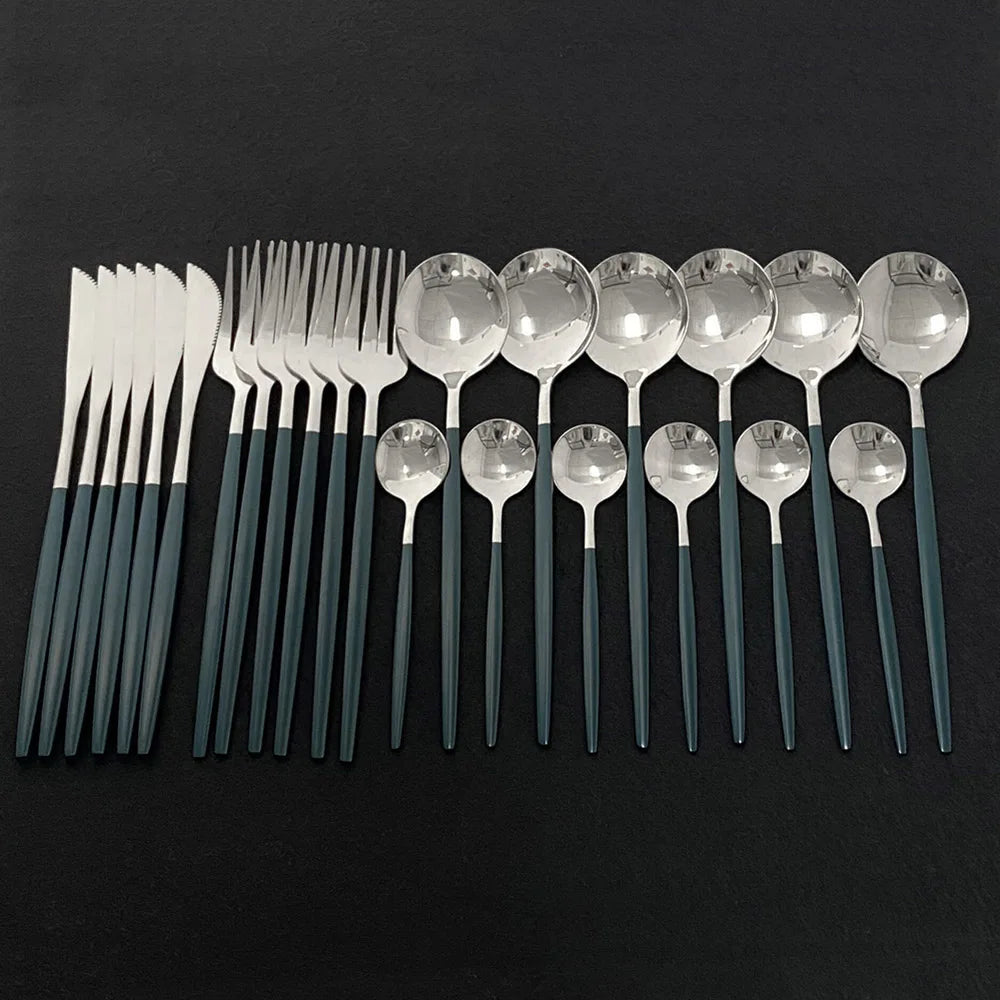 24Pcs/Set Blue Gold Cutlery Set 304 Stainless Steel Dinnerware Silverware Flatware Set Dinner Knife Fork Tea Spoon Dropshipping