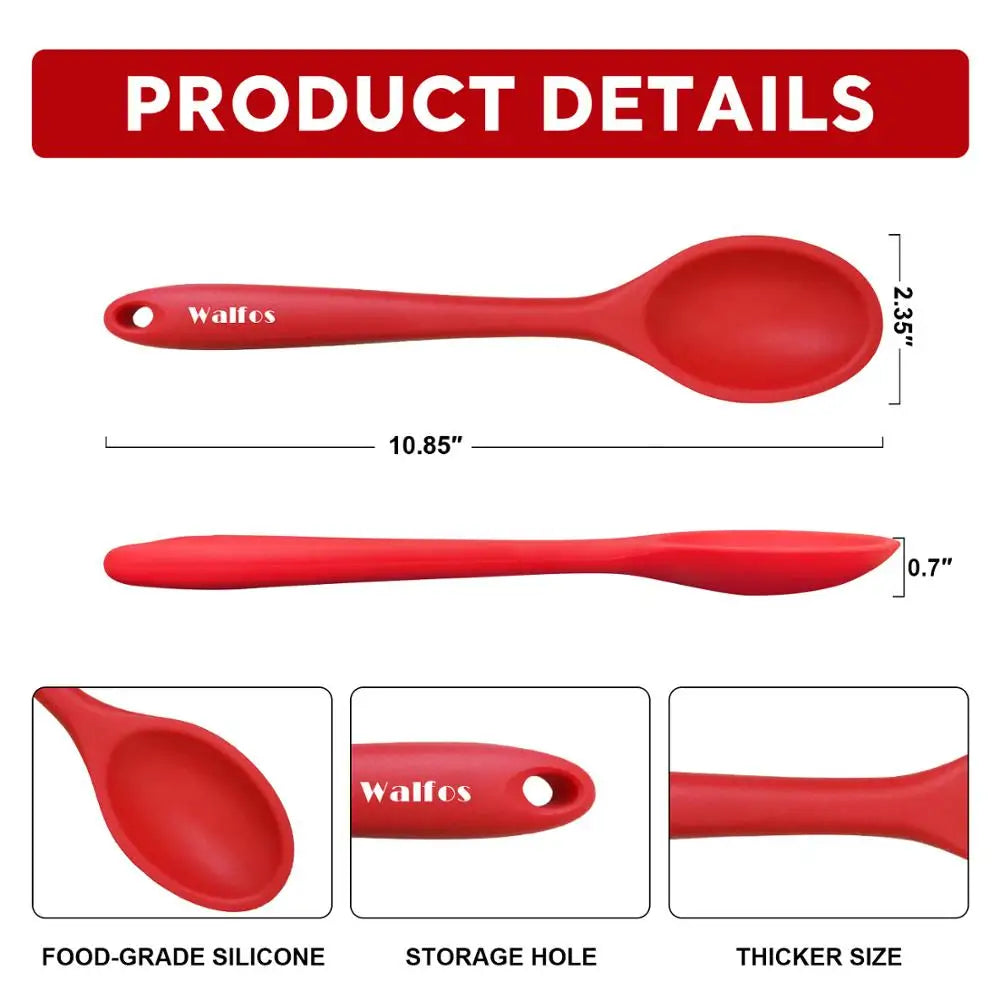 WALFOS Large Food Grade Silicone Long-handled Soup Spoon Solid Color Kitchen Silicone Spoon Flatware Utensils Accessories