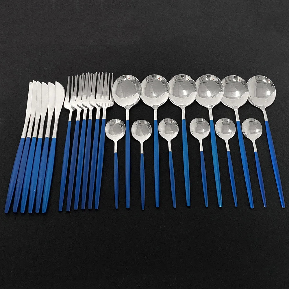 24Pcs/Set Blue Gold Cutlery Set 304 Stainless Steel Dinnerware Silverware Flatware Set Dinner Knife Fork Tea Spoon Dropshipping