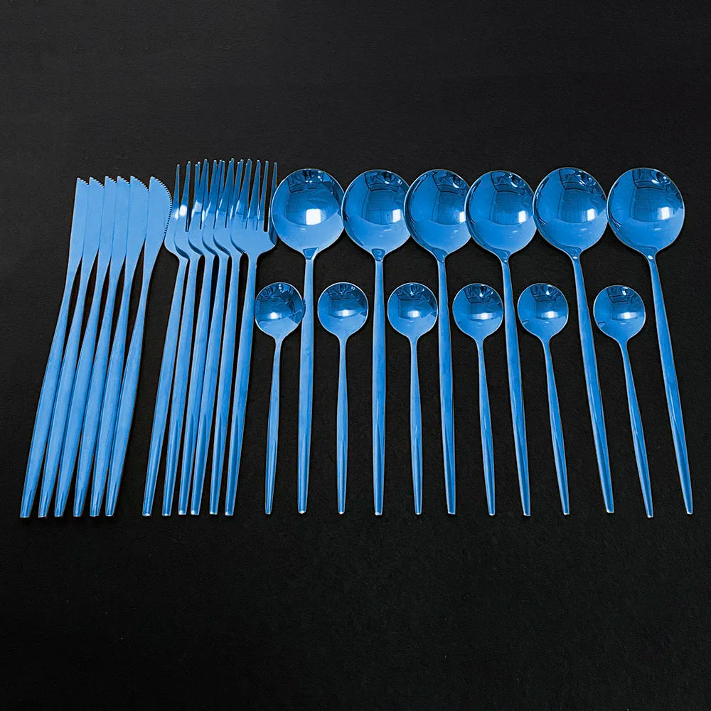 24Pcs/Set Blue Gold Cutlery Set 304 Stainless Steel Dinnerware Silverware Flatware Set Dinner Knife Fork Tea Spoon Dropshipping