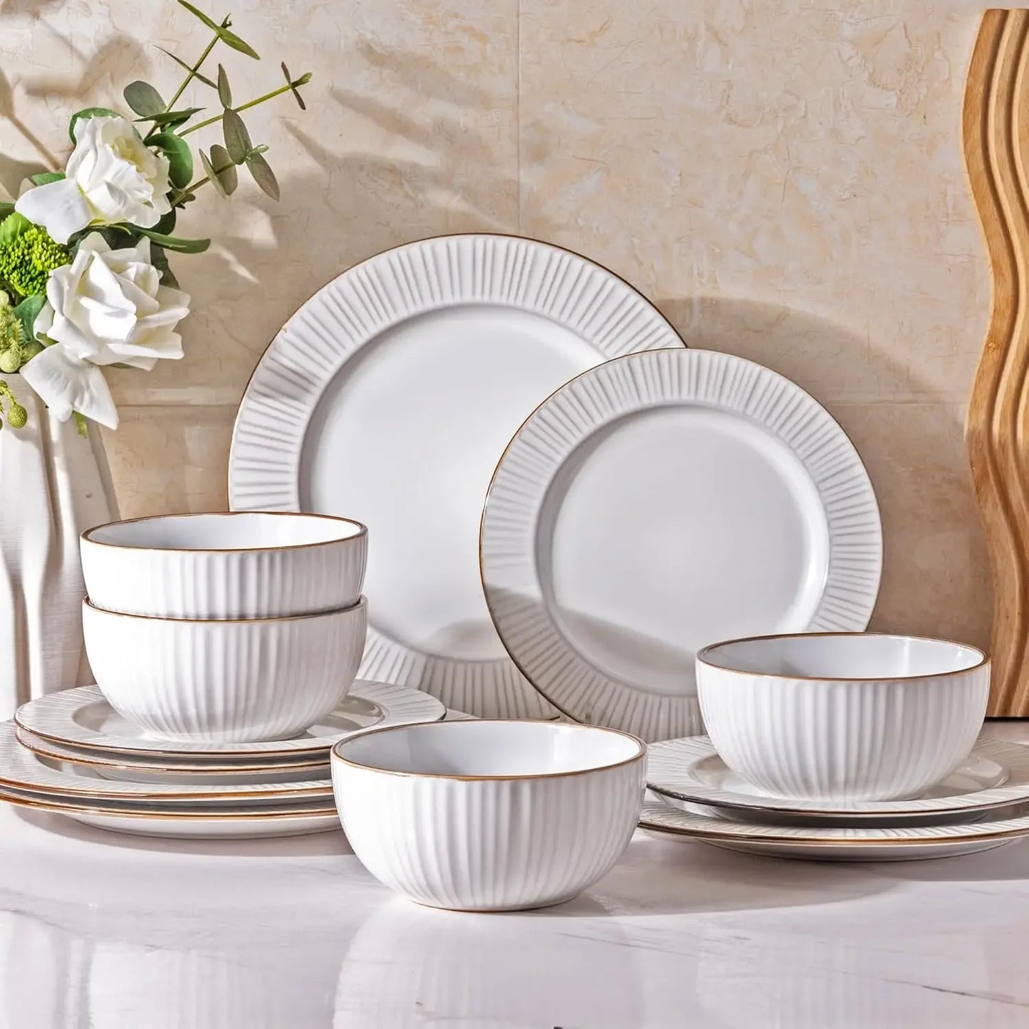 Ceramic Dinnerware Sets, Embossed Elegant Stoneware Plates and Bowls Sets, Housewarming Wedding Gift | Dishwasher & Microwave