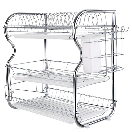 Multi-functional 3-Tier Dish Rack Kitchen Supplies Storage Rack Draining Rack with Chopsticks/Knives/Cutting Board Holder