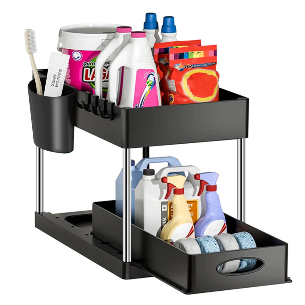 2 Tier Under Sink Organizer Sliding Cabinet Basket Organizer Storage Rack with Hooks Hanging Cup Bathroom Kitchen Organizer