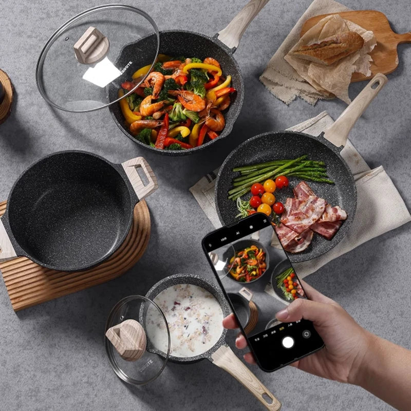 Wheat Rice Stone Non-Stick Pot Set Kitchen Frying Pan Induction and Gas Stove Compatible Stir Fry Pan Comprehensive