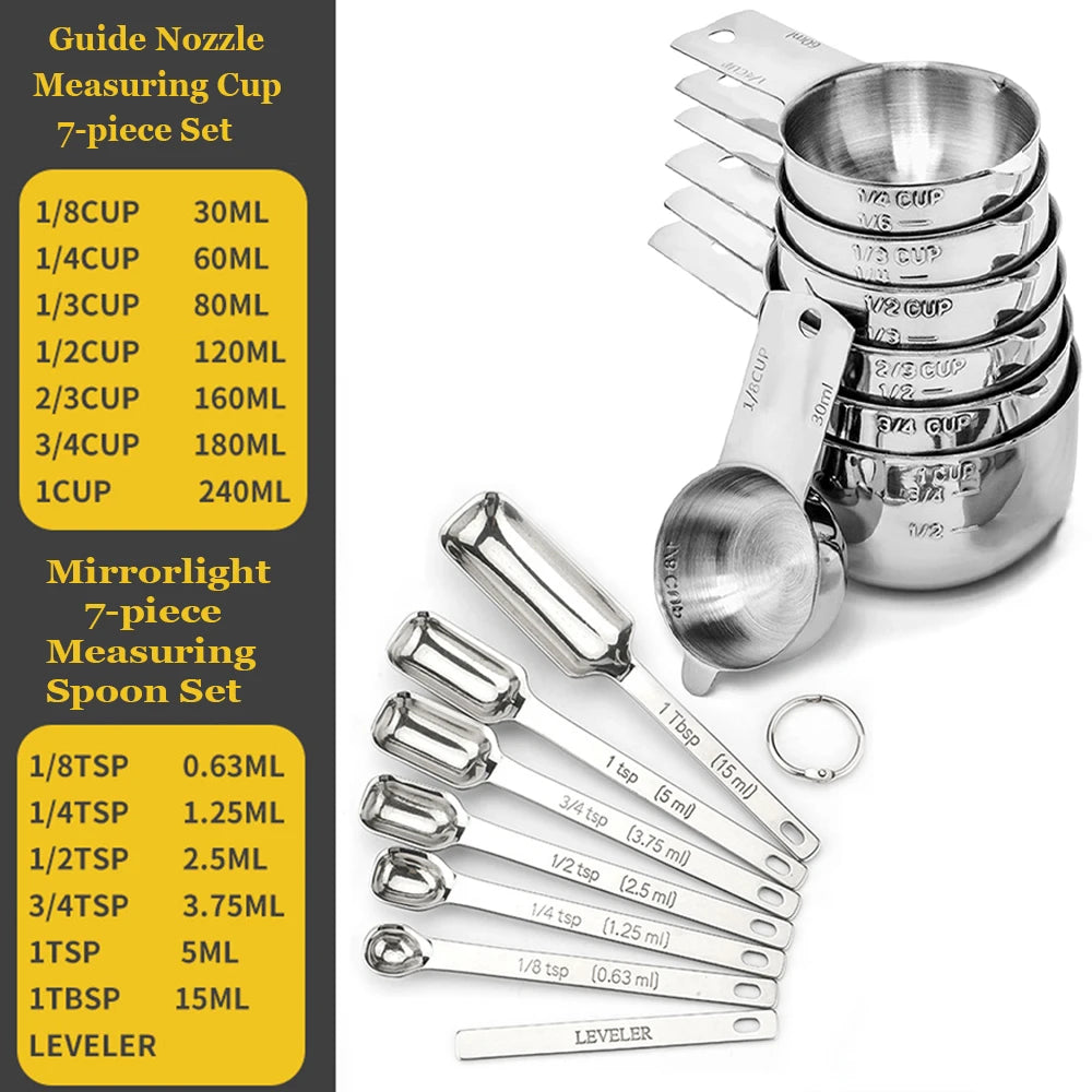 Stainless Steel Measuring Cup and Spoons Set 14PCS with Leveler,Dry and Liquid Ingredients, Perfect for Cooking & Baking