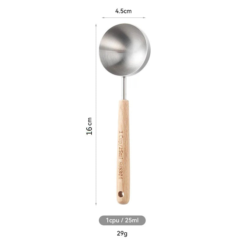 304 Stainless Steel Measuring Cups Spoons Wooden Handle Tea Coffee Measuring Tools Baking Tools Kitchen Accessories