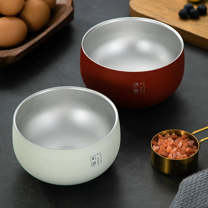 Stainless Stee Round Rice Soup Bowl with Lid Double Layer Fruit Noodles Bowls Food Container Japanese Style Tableware