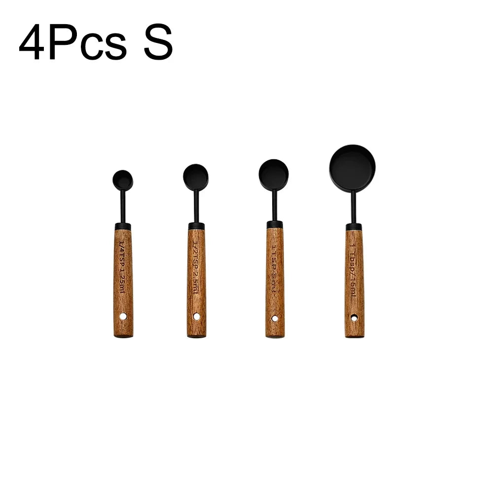 4/8Pcs Wooden Handle Stainless Steel Measuring Cups Spoons Baking Tools Coffee Measuring Spoon Set Bartending Scale Accessories