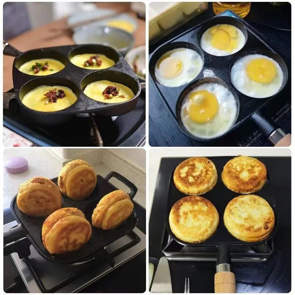 4-Hole Omelet Pan Wooden Handle Non Stick Cookware Pancake Pan Multifunction Hamburger Steak Pan for Gas Stove Induction Cooker