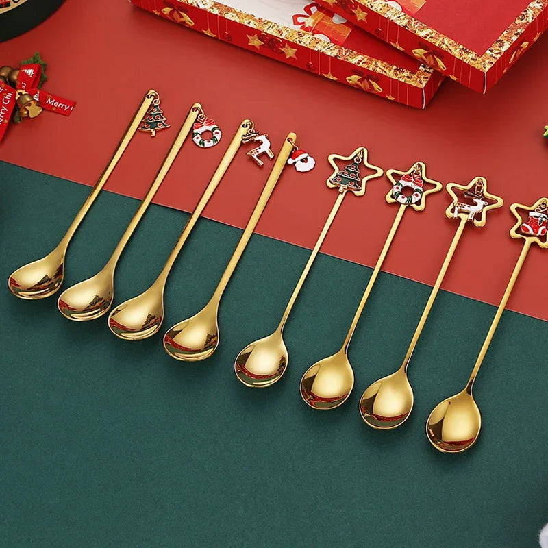 4pcs Christmas Gift Gold Spoon Set Star Elk Christmas Tree Decoration Cutlery Set New Year Home  Kitchen Dessert Coffee Spoon