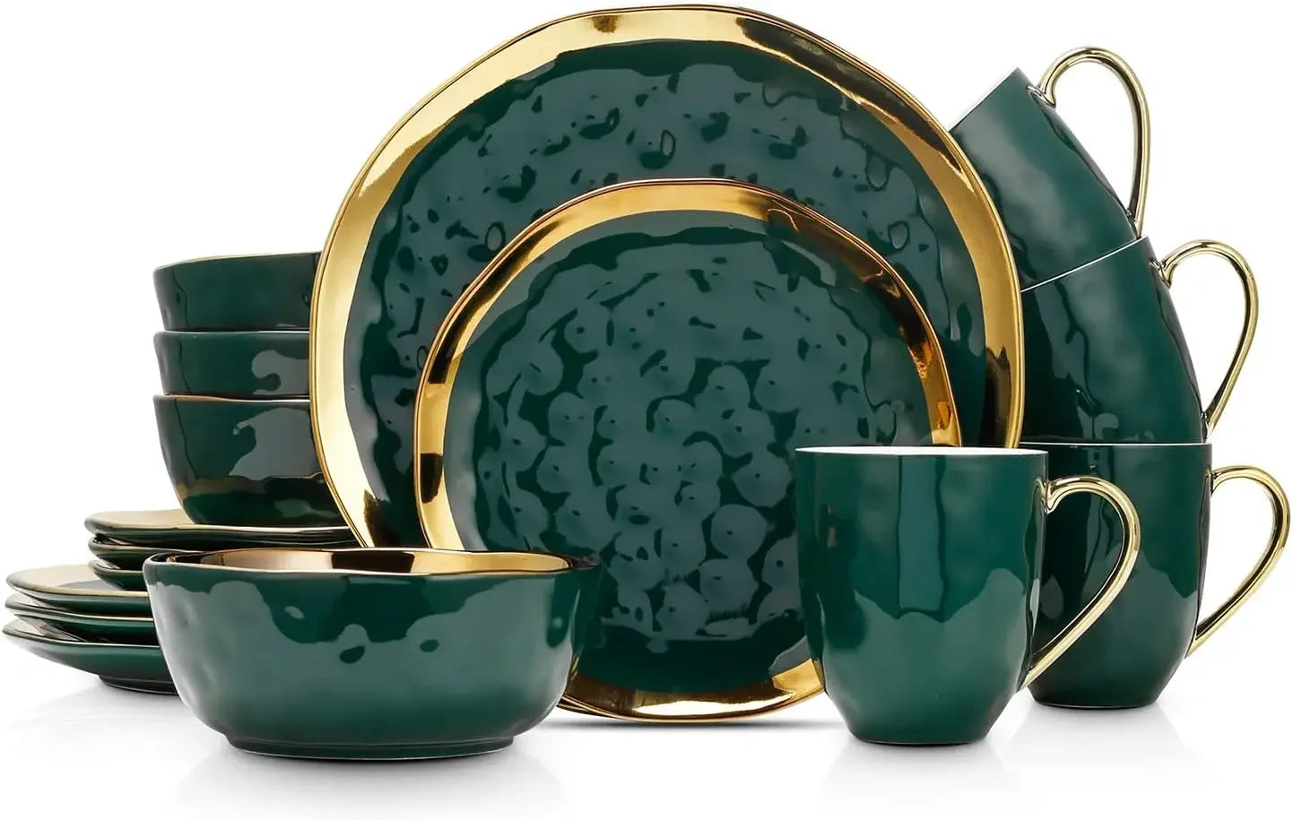 Porcelain 16 Piece Dinnerware Set, Service for 4, Green and Golden Rim  dishes and plates sets  dinnerware set