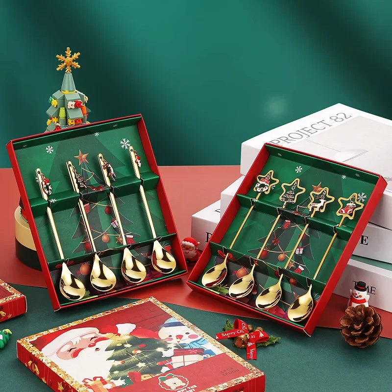 4pcs Christmas Gift Gold Spoon Set Star Elk Christmas Tree Decoration Cutlery Set New Year Home  Kitchen Dessert Coffee Spoon