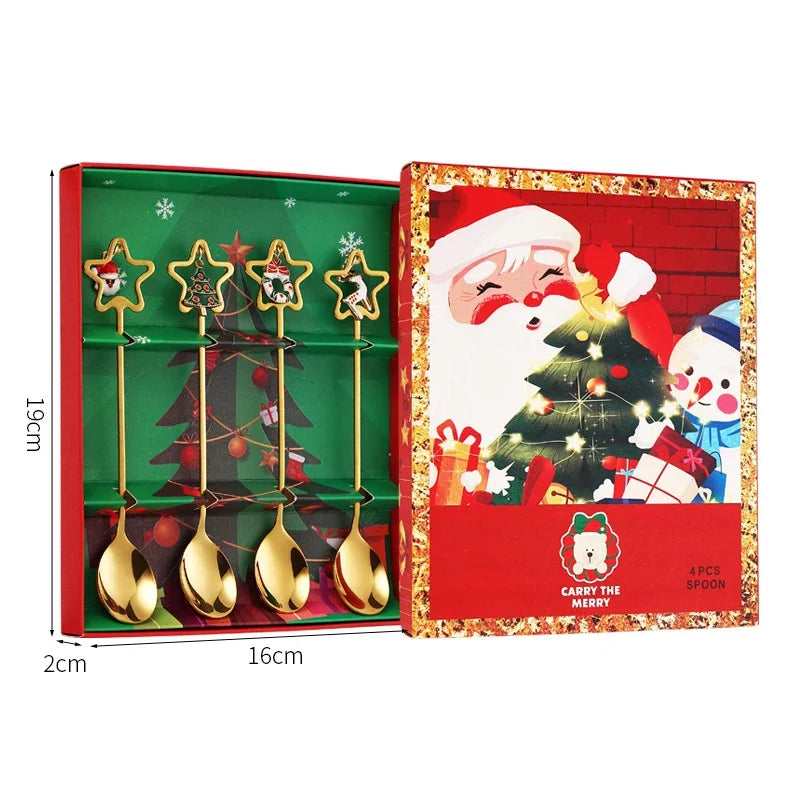 4pcs Christmas Gift Gold Spoon Set Star Elk Christmas Tree Decoration Cutlery Set New Year Home  Kitchen Dessert Coffee Spoon