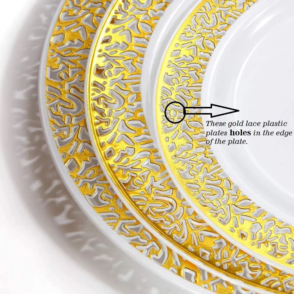 10 Guests Gold Lace Plastic Plates with Plastic Silverware Set,Elegant Lace Dinnerware Sets for Birthday Parties, Wedding