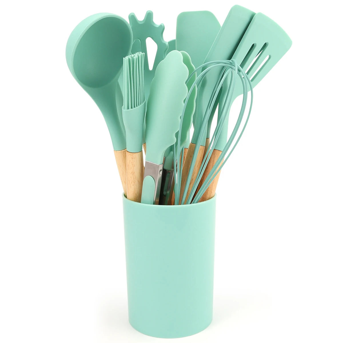 12Pcs Silicone Kitchen Utensils Spatula Shovel Soup Spoon Cooking Tool with Storage Bucket Non-Stick Wood Handle Kitchen Gadgets