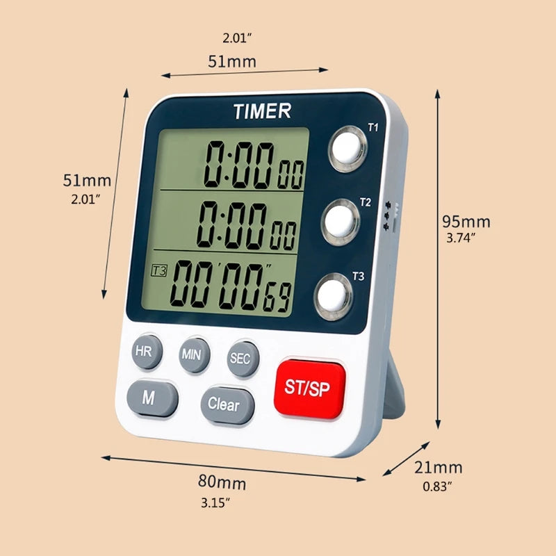 Digital Dual Kitchen Timer 3 Channels Count UP/Down Timer Cooking Timer Stopwatch Large Display Adjustable Volume