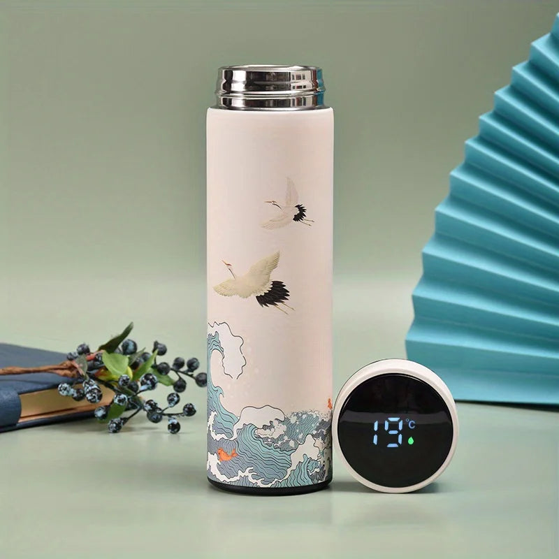 Chinese Style Thermal Water Bottle, Retro Smart Temperature Display Insulated Cup, Stainless Steel Water Cup