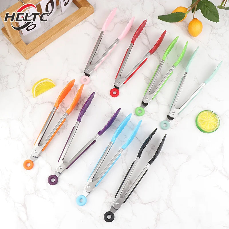 Silicone BBQ Grilling Tong Kitchen Cooking Salad Bread Serving Tong Non-Stick Barbecue Clip Clamp Stainless Steel Tools Gadgets