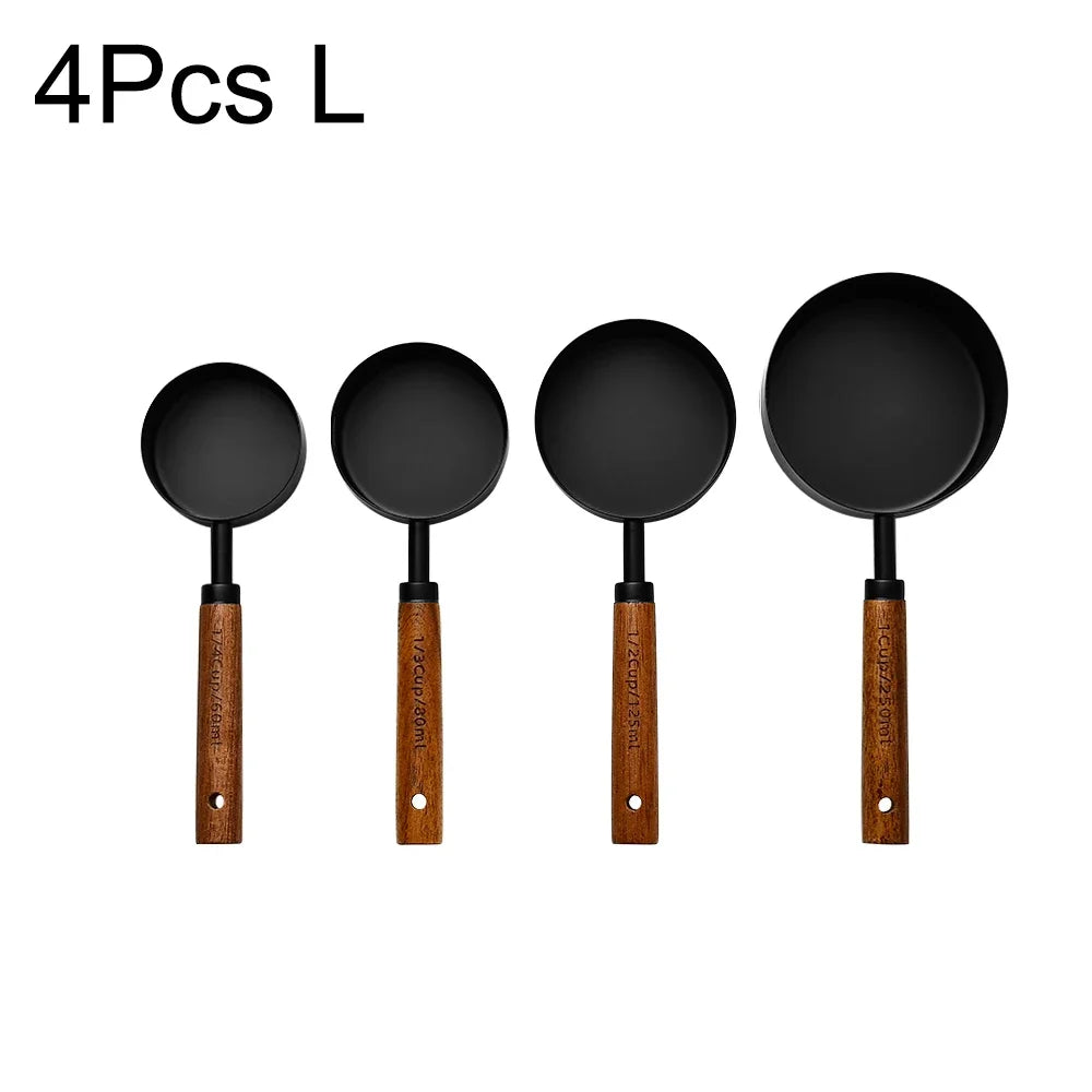 4/8Pcs Wooden Handle Stainless Steel Measuring Cups Spoons Baking Tools Coffee Measuring Spoon Set Bartending Scale Accessories