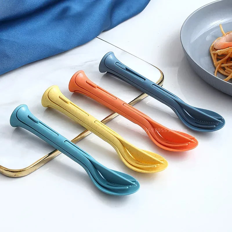 Creative Portable Wheat Straw Three In One Knife, Fork And Spoon Family Plastic Spoon And Fork Wheat Western Tableware Set