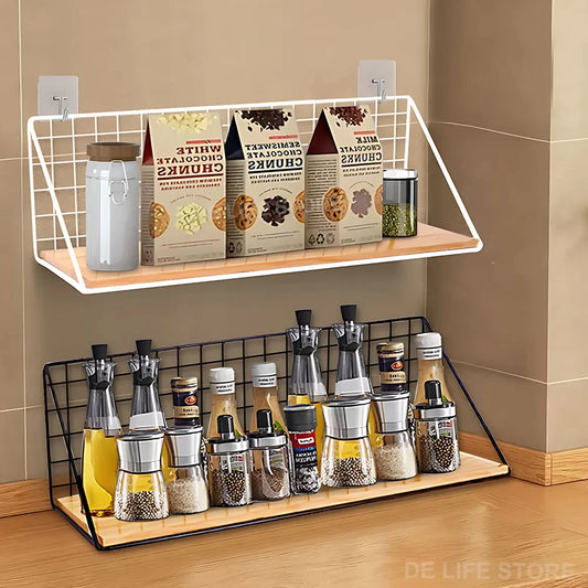 Wooden Spice Rack Wall Mounted Kitchen Organizer Hanging Spice Jar Storage Shelf For Kitchen Seasoning Holder Wall Decoration