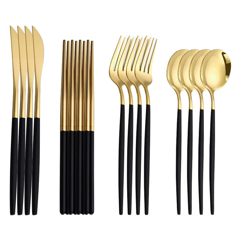 Gold Cutlery Set Korean Stainless Steel Tableware Set Fork Spoon And Chopsticks Set Golden Dinnerware Set Luxury Tableware Set