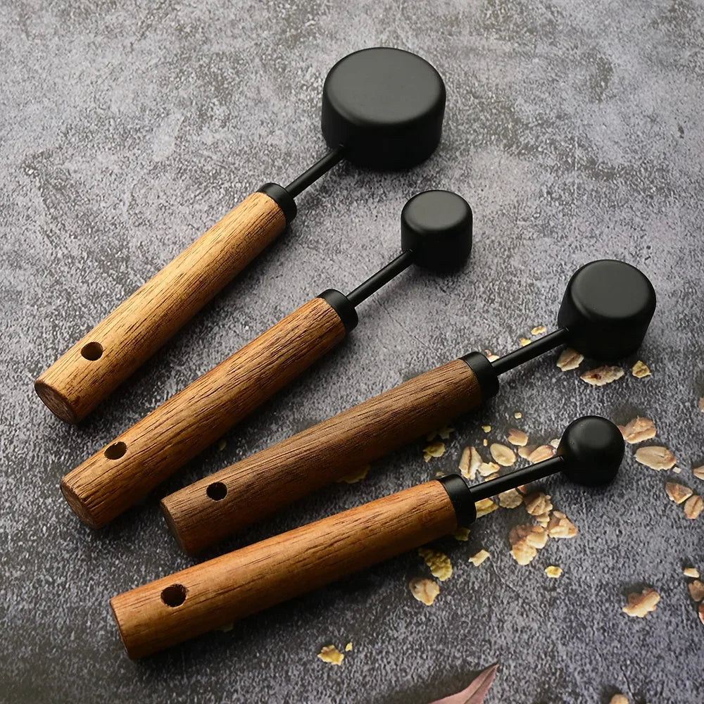 4/8Pcs Wooden Handle Stainless Steel Measuring Cups Spoons Baking Tools Coffee Measuring Spoon Set Bartending Scale Accessories