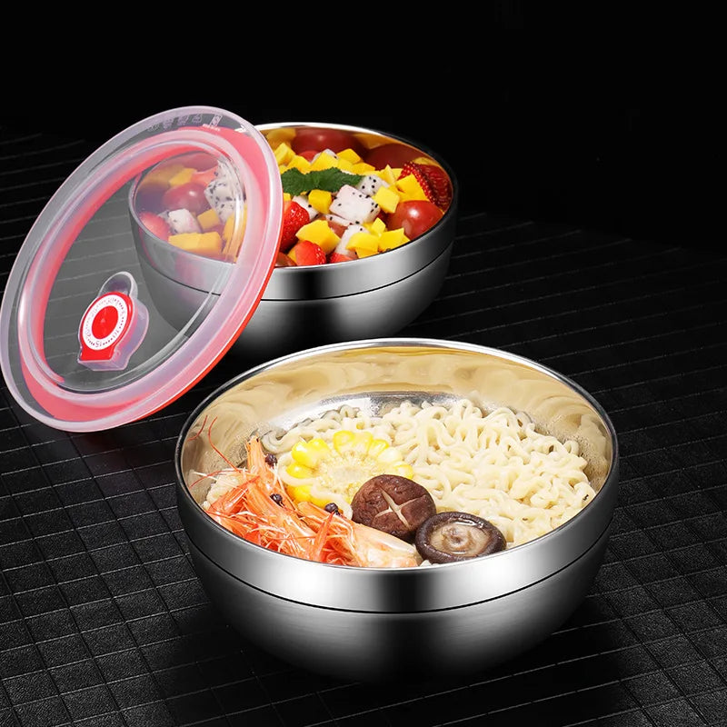 Double Layer Stainless Steel Bowls With Lid Salad Mixing Serving Bowl Korean Style Ramen Noodles Food Storage Containers