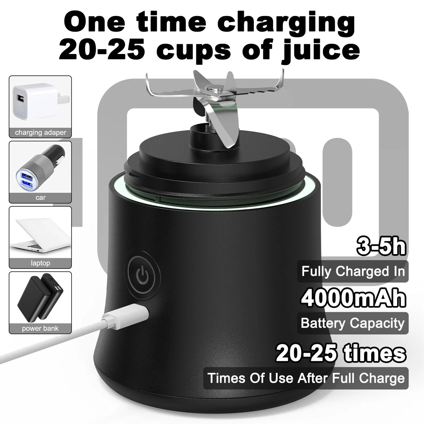 New 4000mAh Portable Juicer Cup 600ML 10-Leaf Blade Powerful Motor Mini Blender for Shakes Smoothis Blender Mixer Cup Outdoor