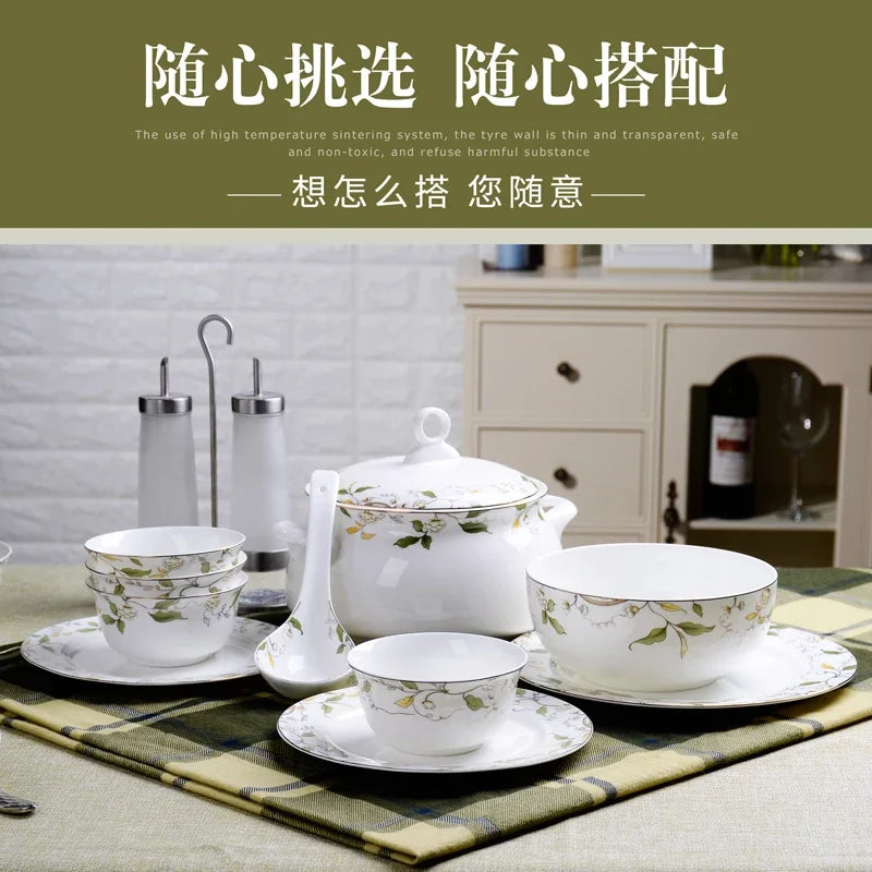 Elegant Bone China Dinnerware Set with Korean Creative Bowl and Plate Spoon for Wedding Gift