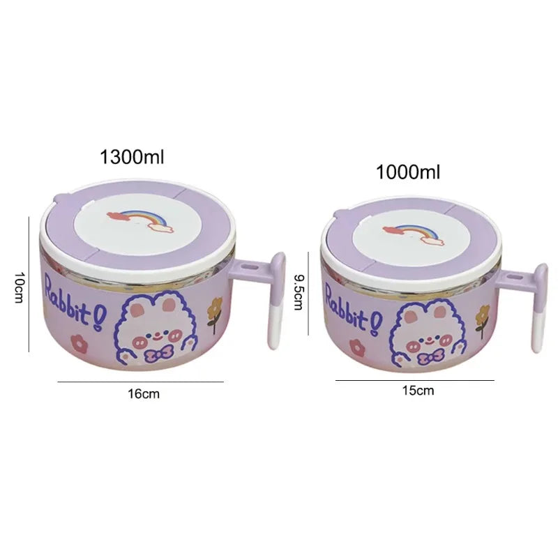 Kawaii Stainless Steel Ramen Bowl With Lid Cute Large Instant Noodles Fruit Salad Rice Soup  Kitchen 1000/1300ml Tableware