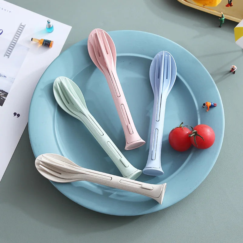 Creative Portable Wheat Straw Three In One Knife, Fork And Spoon Family Plastic Spoon And Fork Wheat Western Tableware Set