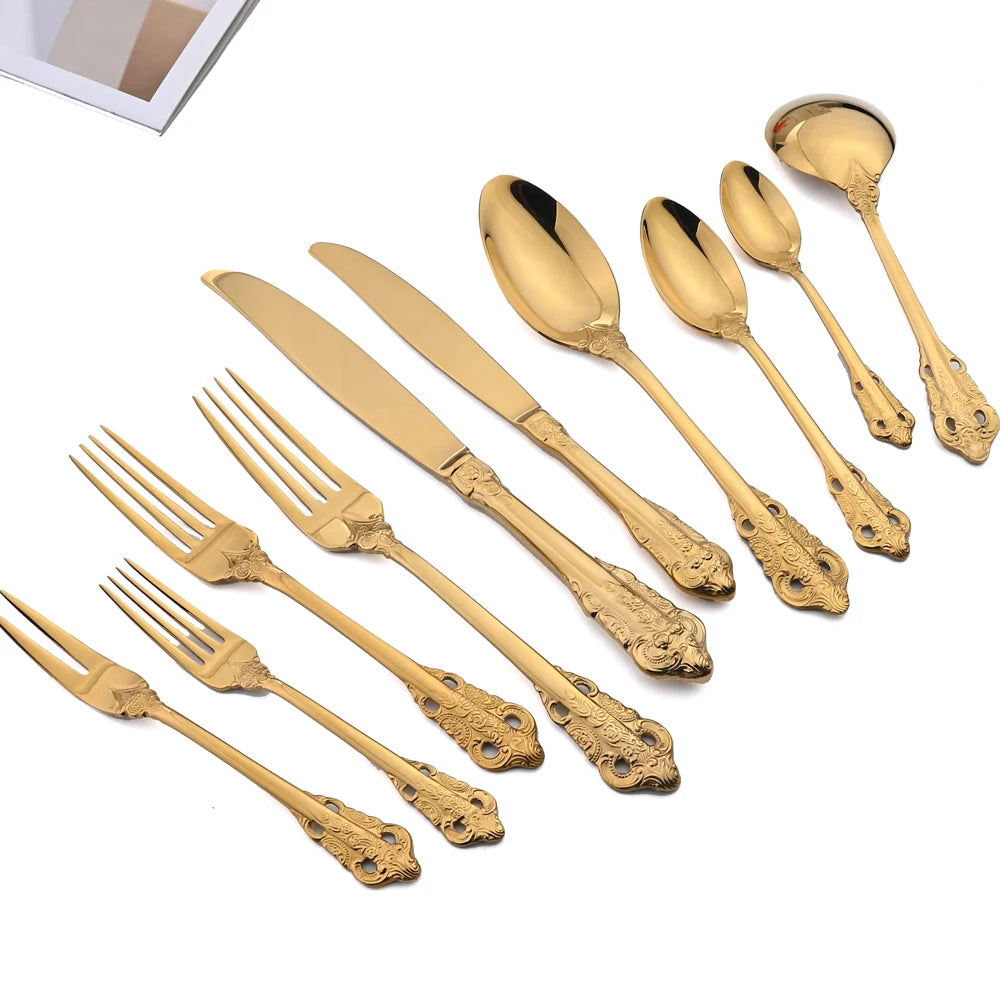 AJOYOUS Cutlery Set Stainless Steel Luxury Dinnerware Set Western Tableware Steak Knife Fork Spoon Vintage Flatware Accessory