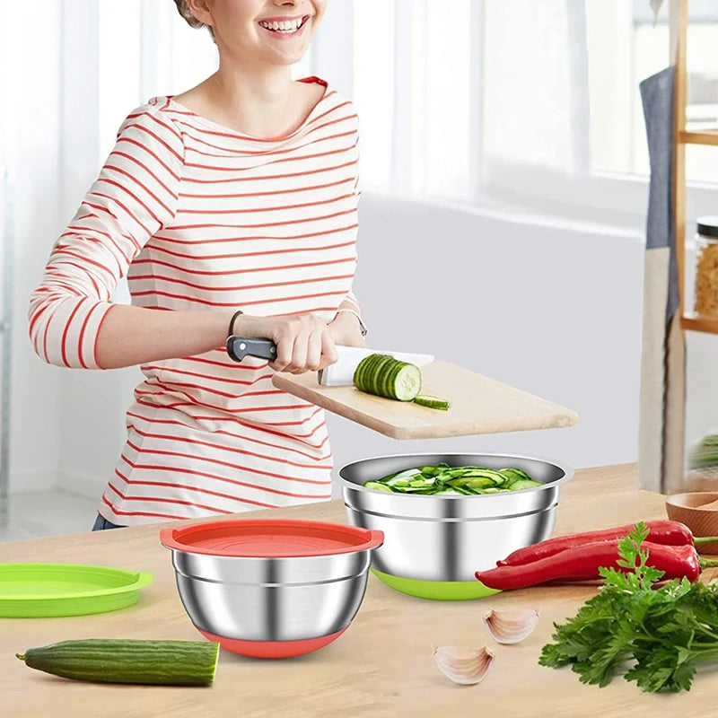 2 Pack Mixing Bowls with Airtight Lids Colorful Stainless Steel Metal Nesting Bowls for Kitchen Non-Slip Silicone