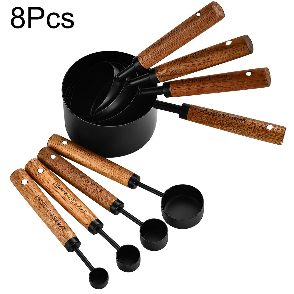 Gold Wooden Handle Stainless Steel Measuring Cups Spoons Baking Tools Coffee Measuring Spoon Set Bartending Scale Accessories