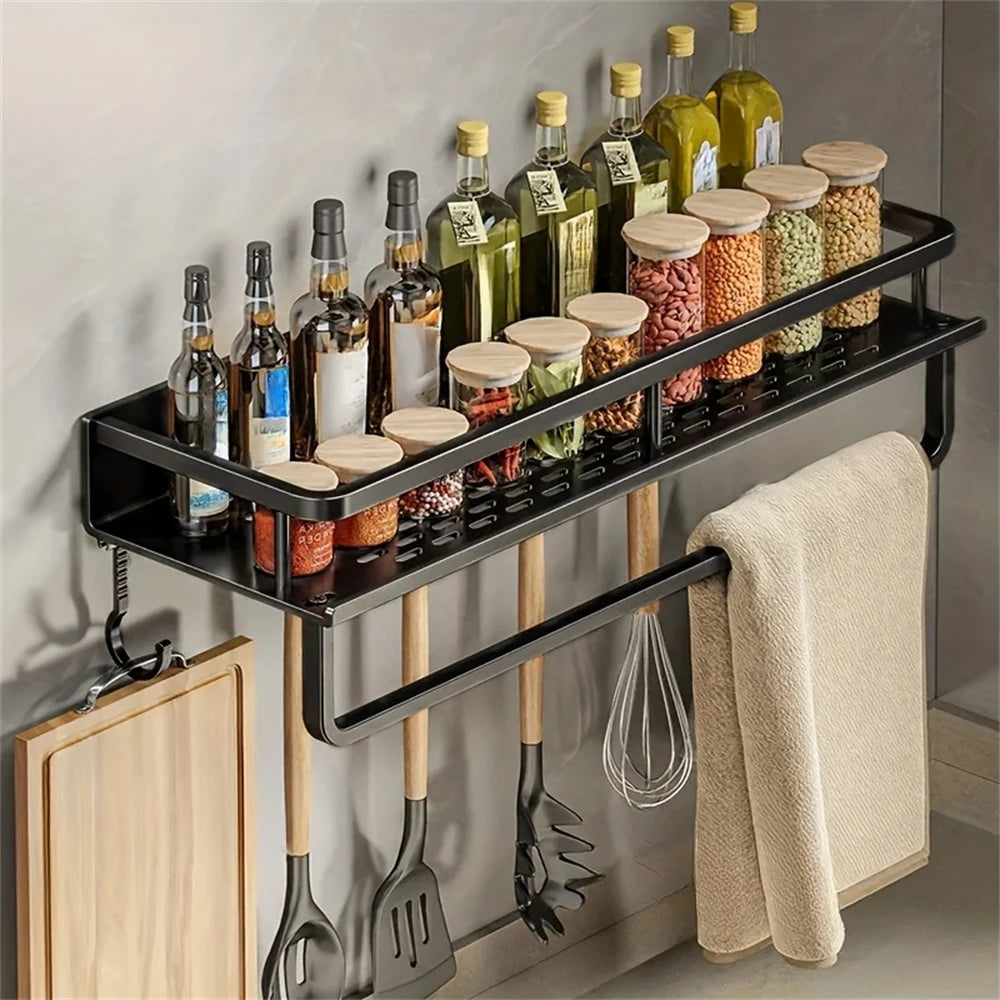 1 Multi-Functional Storage Rack With Rod Seasoning Rack Wall-Mounted Seasoning Storage Rack For Cooking Items